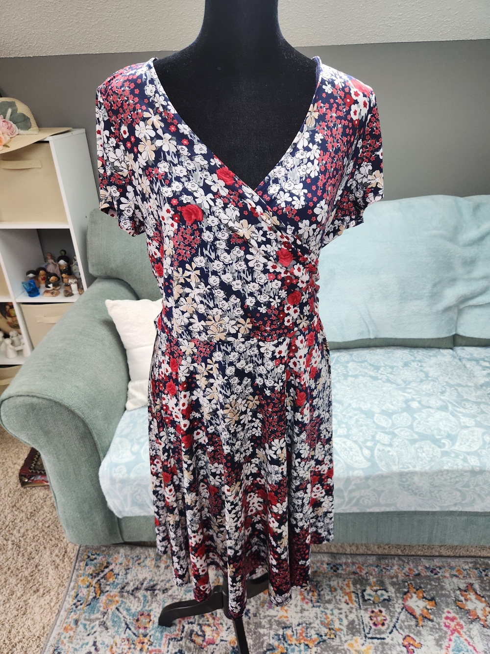 Kaileigh Navy Floral Wrap Midi Dress with Red and White Blooms